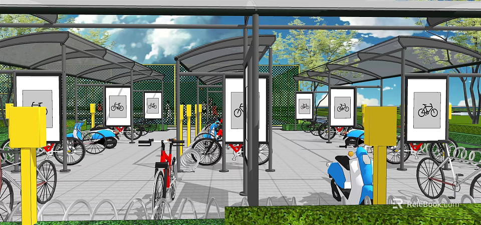 Bicycle And Scooter Parking Shelter With Canopy Structure Green Surroundings And Bicycle Icon Signs 3d model 