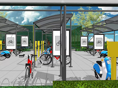 Bicycle And Scooter Parking Shelter With Canopy Structure Green Surroundings And Bicycle Icon Signs 3d model