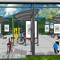 Bicycle And Scooter Parking Shelter With Canopy Structure Green Surroundings And Bicycle Icon Signs
