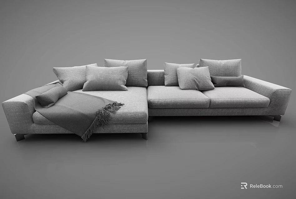Modern Sectional Sofa With Plush Pillows And Cozy Throw Blanket For Living Room 3d model 