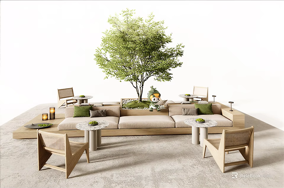 Leisure Sofa Set with Wooden Chairs Round Tables Green Cushions and Potted Tree 3d model 