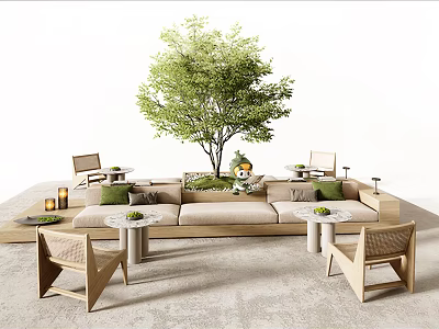 Leisure Sofa Set with Wooden Chairs Round Tables Green Cushions and Potted Tree 3d model