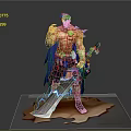 Heroic Warrior With Purple Hair Blue Cape Holding Lightning Sword And Mythical Beast