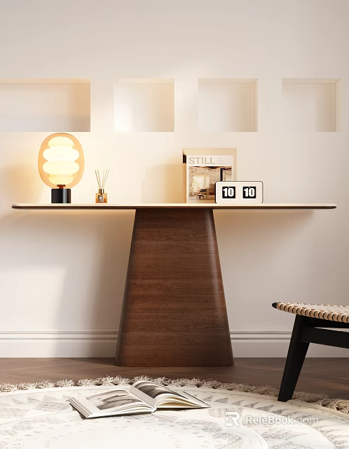 Walnut Wooden Console Table With Modern Lamp Scented Diffuser And Magazine In Minimalist Interior 3d model 