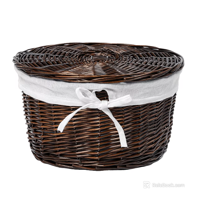 Shower Sauna Wicker Storage Basket With White Ribbon And Bow Detail 3d model 