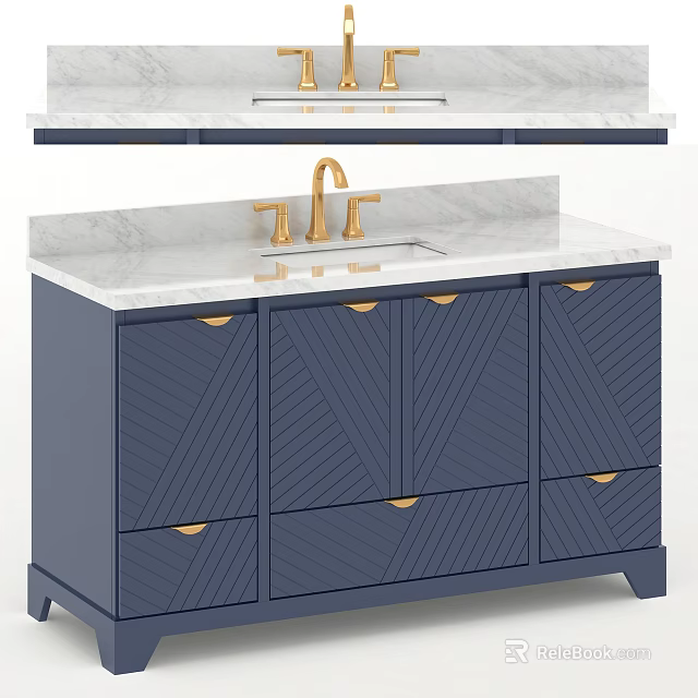 Modern Navy Blue Bathroom Vanity With Marble Countertop And Gold Faucet Handles 3d model 