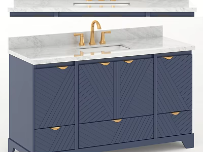 Modern Navy Blue Bathroom Vanity With Marble Countertop And Gold Faucet Handles 3d model