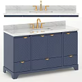 Modern Navy Blue Bathroom Vanity With Marble Countertop And Gold Faucet Handles