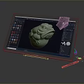 Digital Drawing Tablet Displaying Green 3D Model With Stylus Pen And Accessories