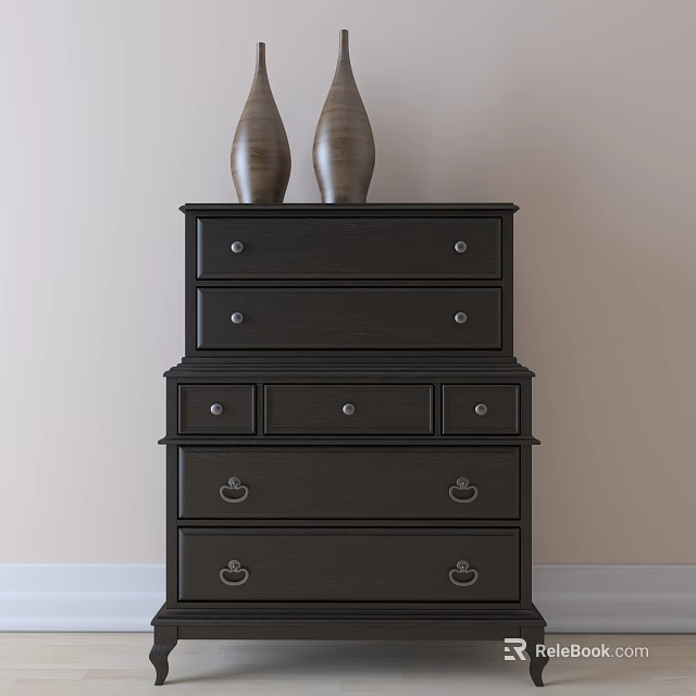 Dark Wood Chest of Drawers with Multiple Drawers and Decorative Vases on Top 3d model 