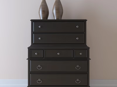 Dark Wood Chest of Drawers with Multiple Drawers and Decorative Vases on Top 3d model