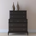 Dark Wood Chest of Drawers with Multiple Drawers and Decorative Vases on Top