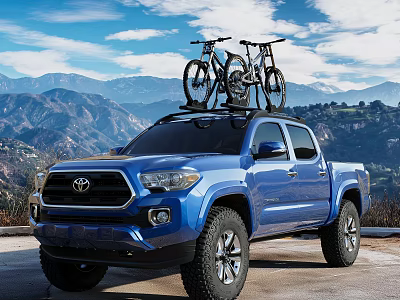 Blue Toyota Tacoma Truck With Bicycles On Roof Rack And Mountain Landscape 3d model
