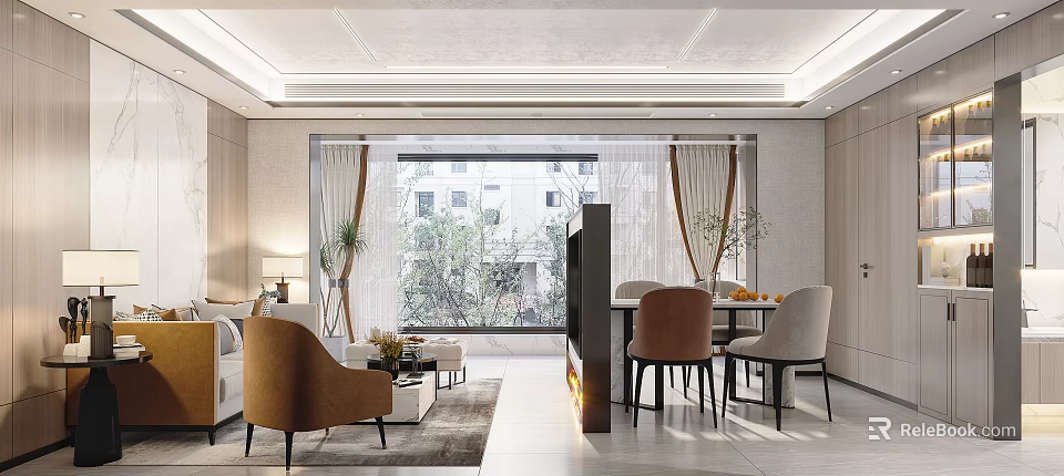 Modern Living And Dining Room Interior With Sofa Coffee Table Dining Chairs And Plants 3d model 
