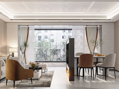Modern Living And Dining Room Interior With Sofa Coffee Table Dining Chairs And Plants 3d model