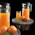 Glass Cup Filled With Fresh Orange Juice And Oranges On Wooden Tray With Mint Leaves