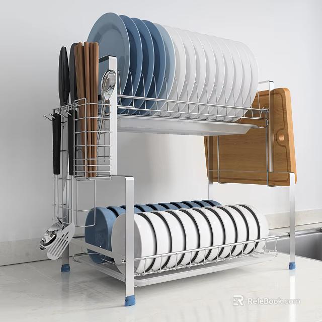 Stainless Steel Two Tier Dish Drying Rack for Kitchen Organizing Plates Knives Cutting Board 3d model 