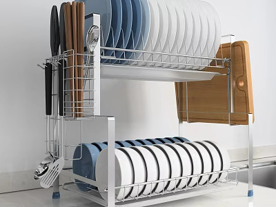 Stainless Steel Two Tier Dish Drying Rack for Kitchen Organizing Plates Knives Cutting Board 3d model