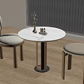Modern Round Negotiation Table And Chairs With Beige Cushions Wooden Legs Vase And Window Blinds