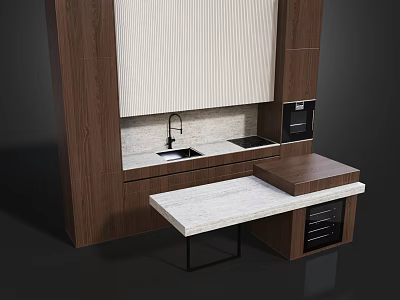 Modern Wooden Kitchen Cabinets With Stone Countertop Sink Faucet Oven And Table 3d model
