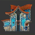 Colorful Cartoon House Scene With Red Roof Blue Walls Arched Windows Balconies And Green Grass