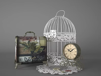Vintage Decorative Ornament Set with White Birdcage Floral Suitcase Roman Clock and Lace Doily Base 3d model