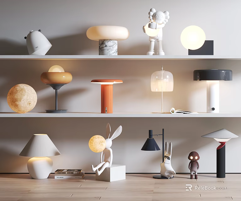 Modern Table Lamps With Various Designs On Shelf Display For Home Decor 3d model
