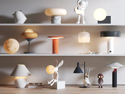 Modern Table Lamps With Various Designs On Shelf Display For Home Decor 3d model