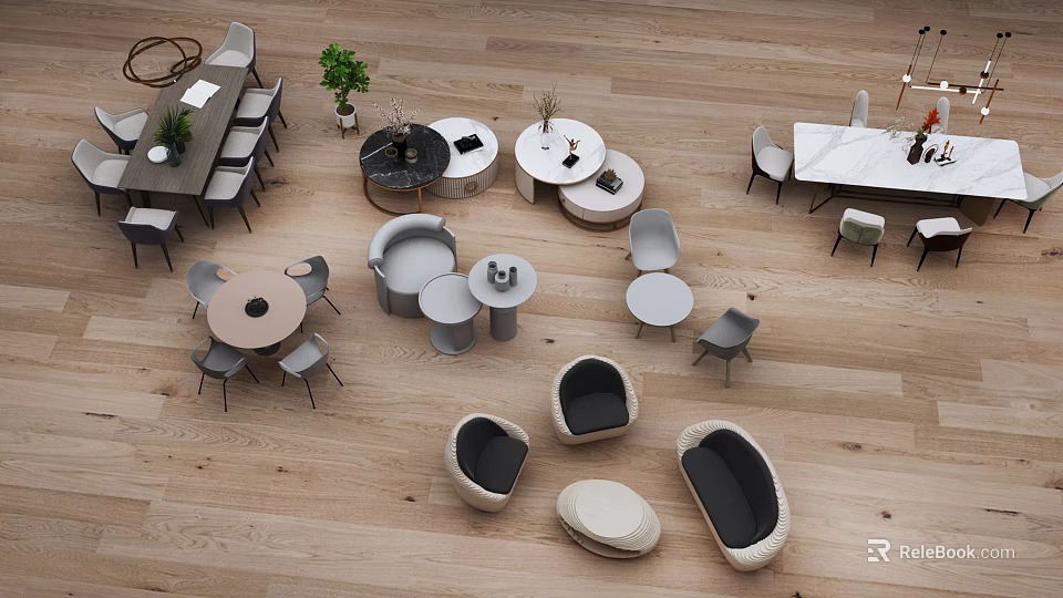 Modern Leisure Sofa Set With Round Coffee Tables And Matching Chairs In Living Room 3d model 