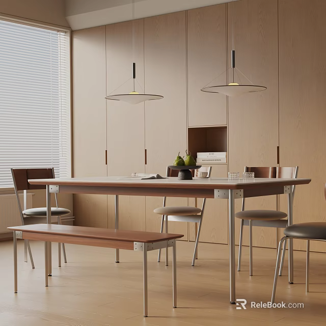 Modern Dining Table Set With Chairs Bench And Pendant Lights Above Wooden Cabinets 3d model 