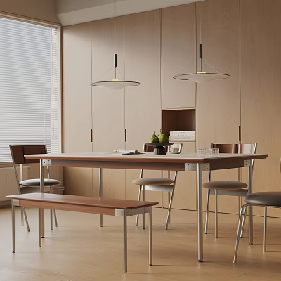 Modern Dining Table Set With Chairs Bench And Pendant Lights Above Wooden Cabinets 3d model