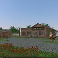 Wooden Visitor Center Surrounded by Trees and Flower Beds with Front Entrance and Stone Pathway