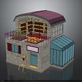 Charming Stone Building With Pink Roof Blue Greenhouse Balcony Plants Windows And Ladder