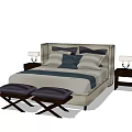 Modern Double Bed with Tufted Headboard Pillows Nightstands and Table Lamps 3d model