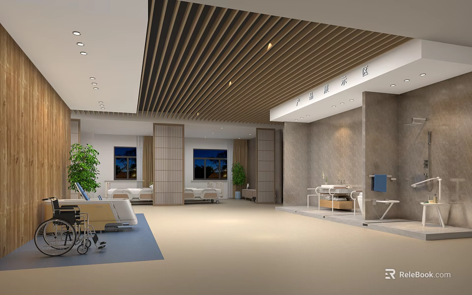 Modern Medical Rehabilitation Center Interior With Wheelchair Patient Beds And Equipment 3d model 