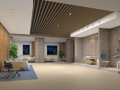 Modern Medical Rehabilitation Center Interior With Wheelchair Patient Beds And Equipment 3d model