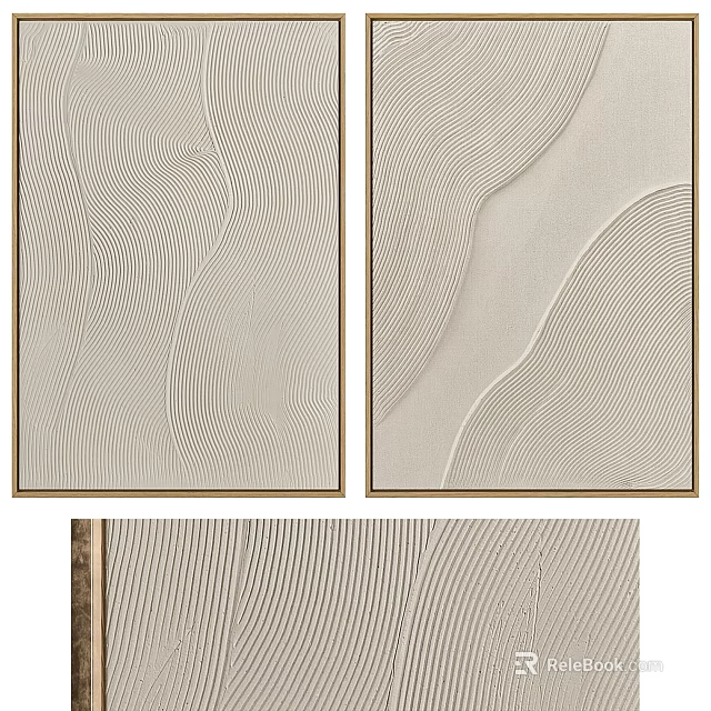 Modern Abstract Wall Art With Textured Wavy Lines And Gold Frames 3d model 