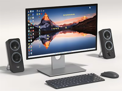 Modern Desktop Computer Setup With Monitor Scenic Wallpaper Display Speakers Keyboard And Mouse 3d model