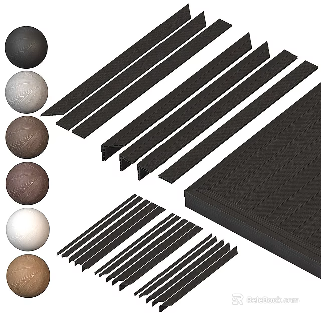 Garden Decor Materials with Colorful Decorative Balls Black Strips and Dark Wood Board 3d model 