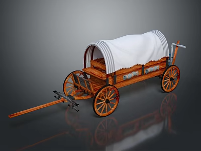 Vintage Wooden Covered Wagon with White Canvas Cover and Large Spoked Wheels 3d model