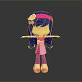 Cartoon Girl With Blue Hair Pink Headband White Flower Pink Dress Open Arms