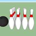 Black Bowling Ball And White Pins With Red Stripes Arranged As Sports Equipment For Bowling
