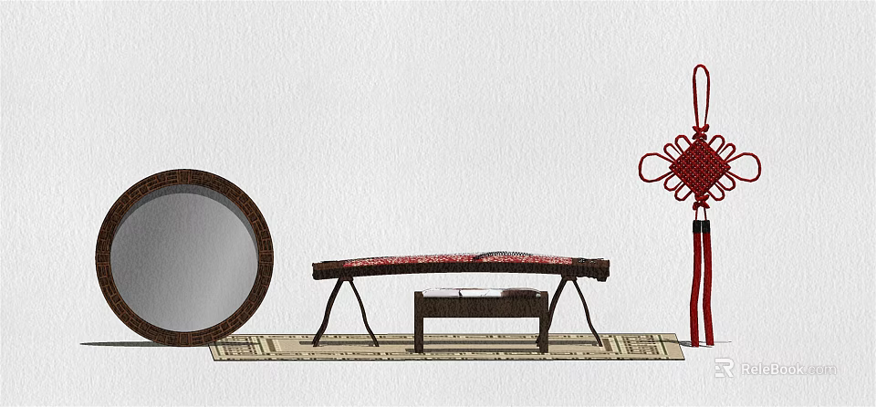 Traditional Instruments and Art Supplies Display With Easel Paints Table Rug and Decorative Knot 3d model 