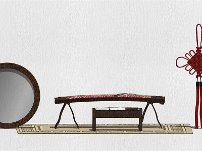 Traditional Instruments and Art Supplies Display With Easel Paints Table Rug and Decorative Knot 3d model
