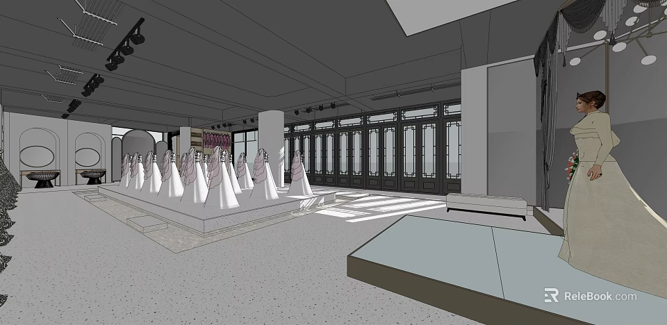Wedding Dress Store Interior With Elegant Wedding Dresses Display And Large Windows 3d model 