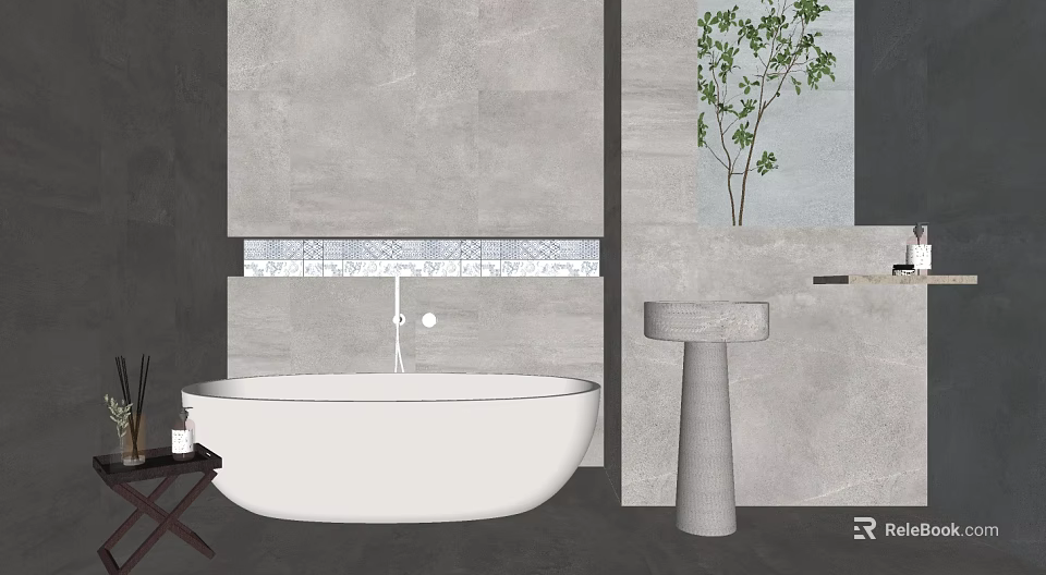 Modern Bathroom Interior With White Freestanding Bathtub Gray Walls Pedestal Sink And Green Plant 3d model 