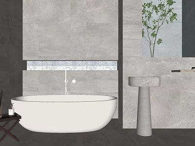 Modern Bathroom Interior With White Freestanding Bathtub Gray Walls Pedestal Sink And Green Plant 3d model