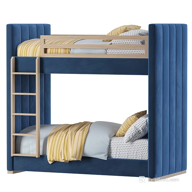Modern Blue Bunk Bed With Wooden Ladder And Yellow White Bedding 3d model 