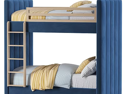 Modern Blue Bunk Bed With Wooden Ladder And Yellow White Bedding 3d model