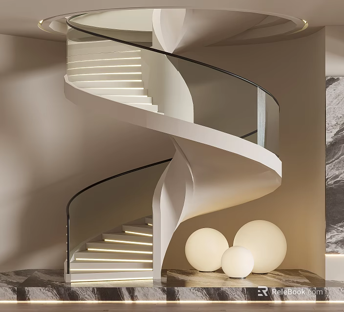 Elegant Modern Spiral Staircase With Glass Handrail And Spherical Lamps 3d model 